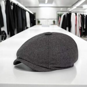 Gray Herringbone Flat Cap Newsboy Hat - NEW